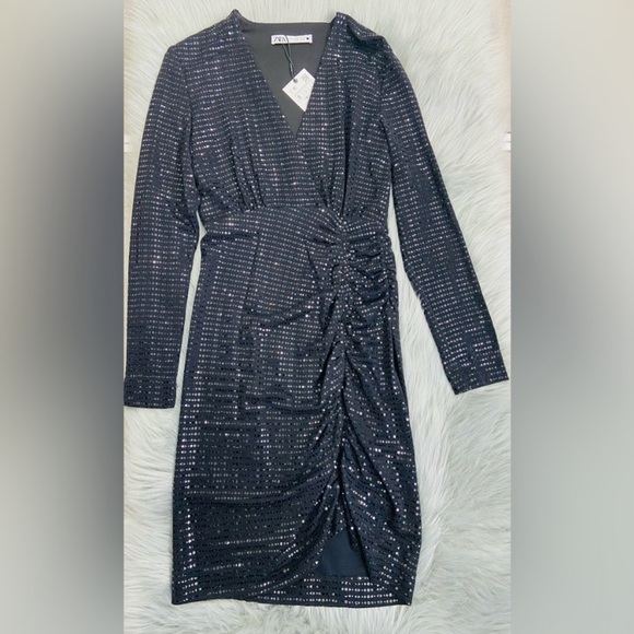 Zara Shiny Shimmer Appliqué Draped Mini Dress - Picture 8 of 8